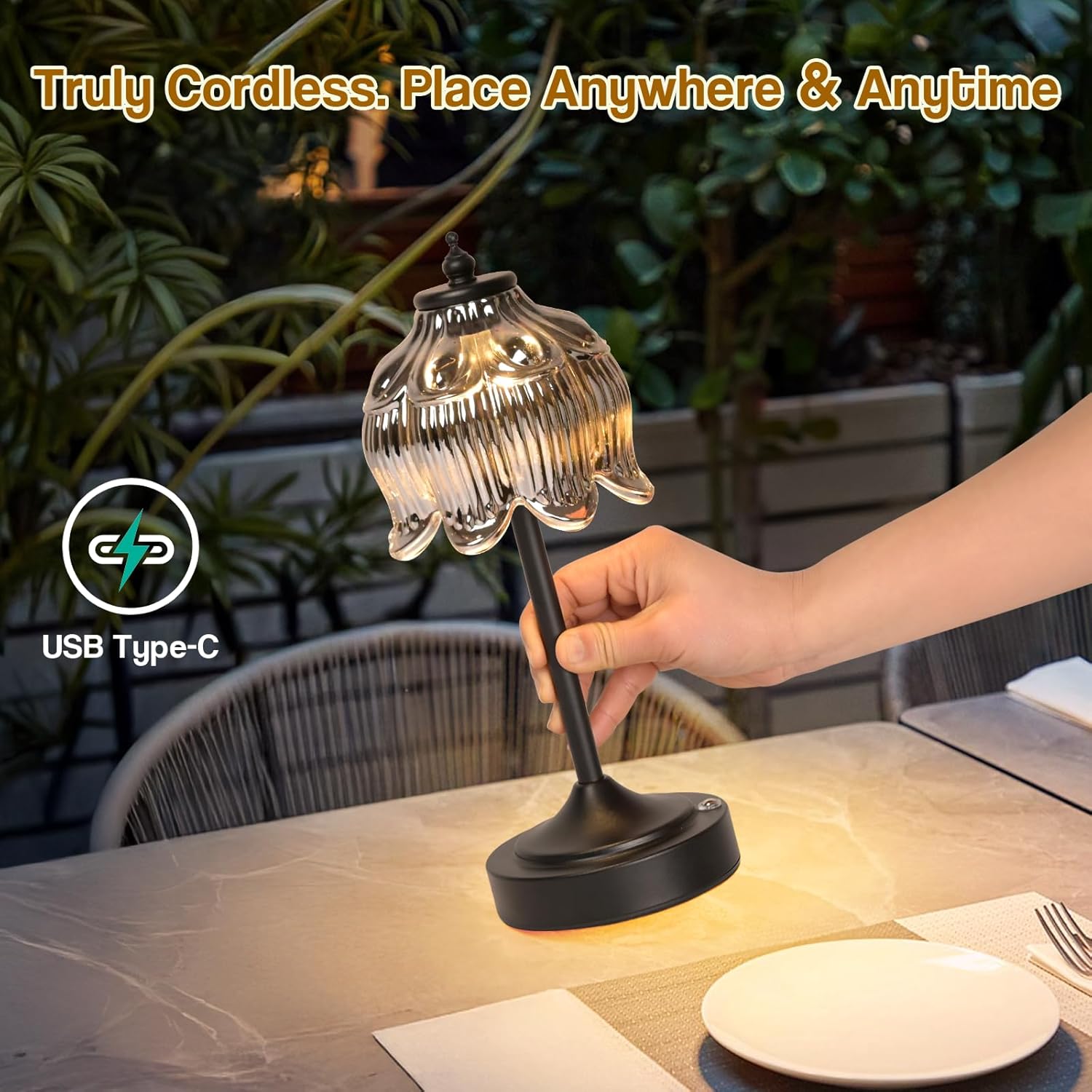 Cordless Lotus Flower Table Lamp, 5200mAh Rechargeable Battery Operated Portable Lamp, 3-Color Dimmable Touch Control Small Desk Lamp for…