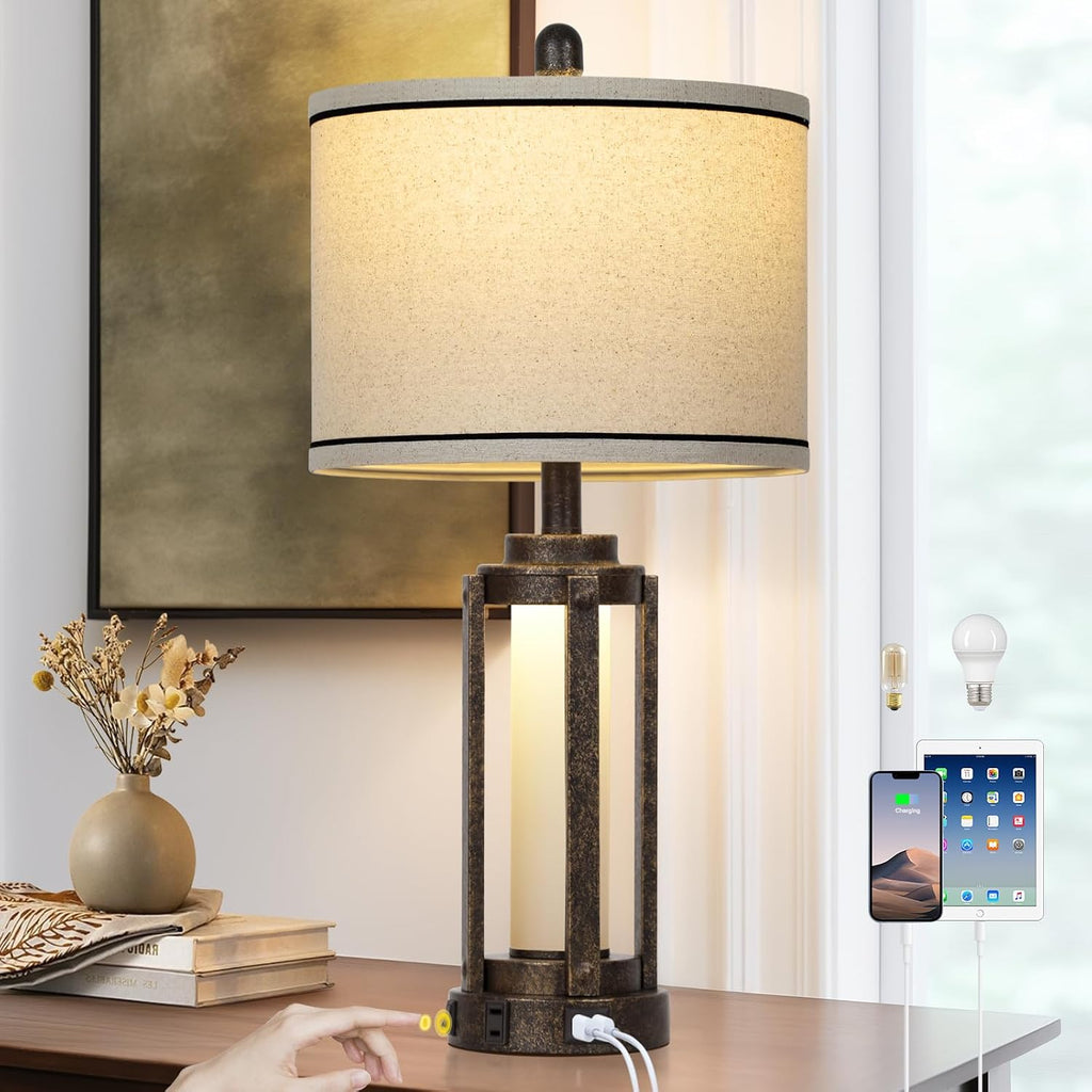 Farmhouse Industrial Lamp with USB A+C Charging Ports & AC Outlet, 26" Vintage Rustic Retro Table Lamp with Glass LED Night Light & Linen…