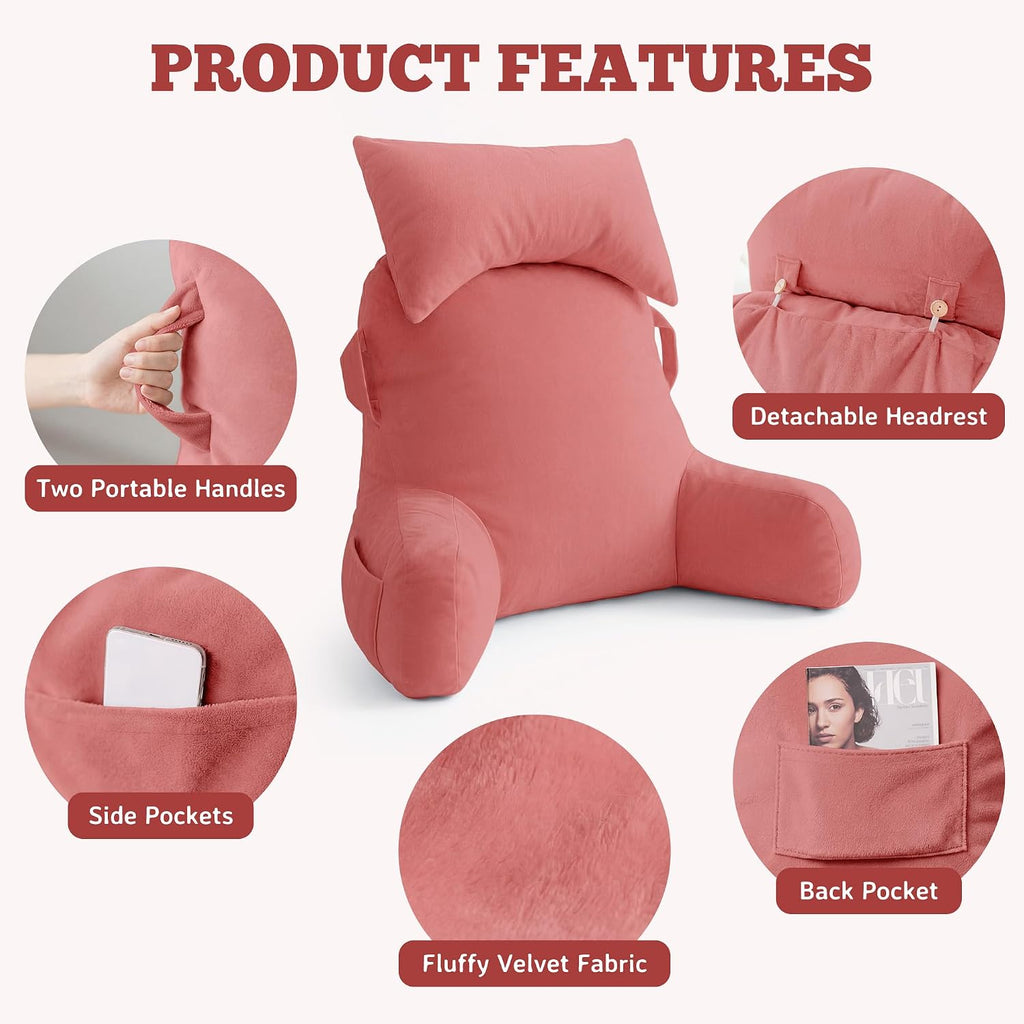 Unisakey Portable Reading Pillows with Headrest for Bed Sitting Up(Dark Pink Oeko-Tex), Velvet Back Pillow with Arms & Pockets for…