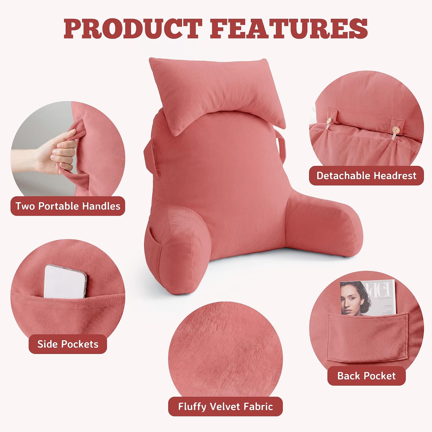 Unisakey Portable Reading Pillows with Headrest for Bed Sitting Up(Dark Pink Oeko-Tex), Velvet Back Pillow with Arms & Pockets for…