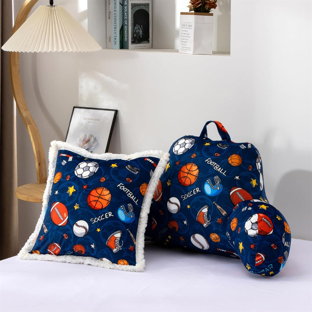Holawakaka Reading Pillow with Arms, Sports Baseball Basketball Rugby Print Plush Bed Rest Pillows for Kids Teens Sitting in Bed, Sofa, Chai…