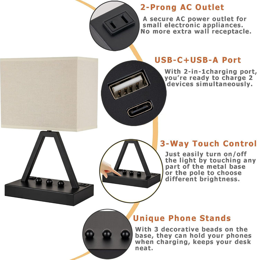 Briever Touch Control Table Lamp, 3-Way Dimmable Desk Lamp with USB C & USB A and AC Outlet, Bedside Lamps with Phone Stands for Bedroom, L…