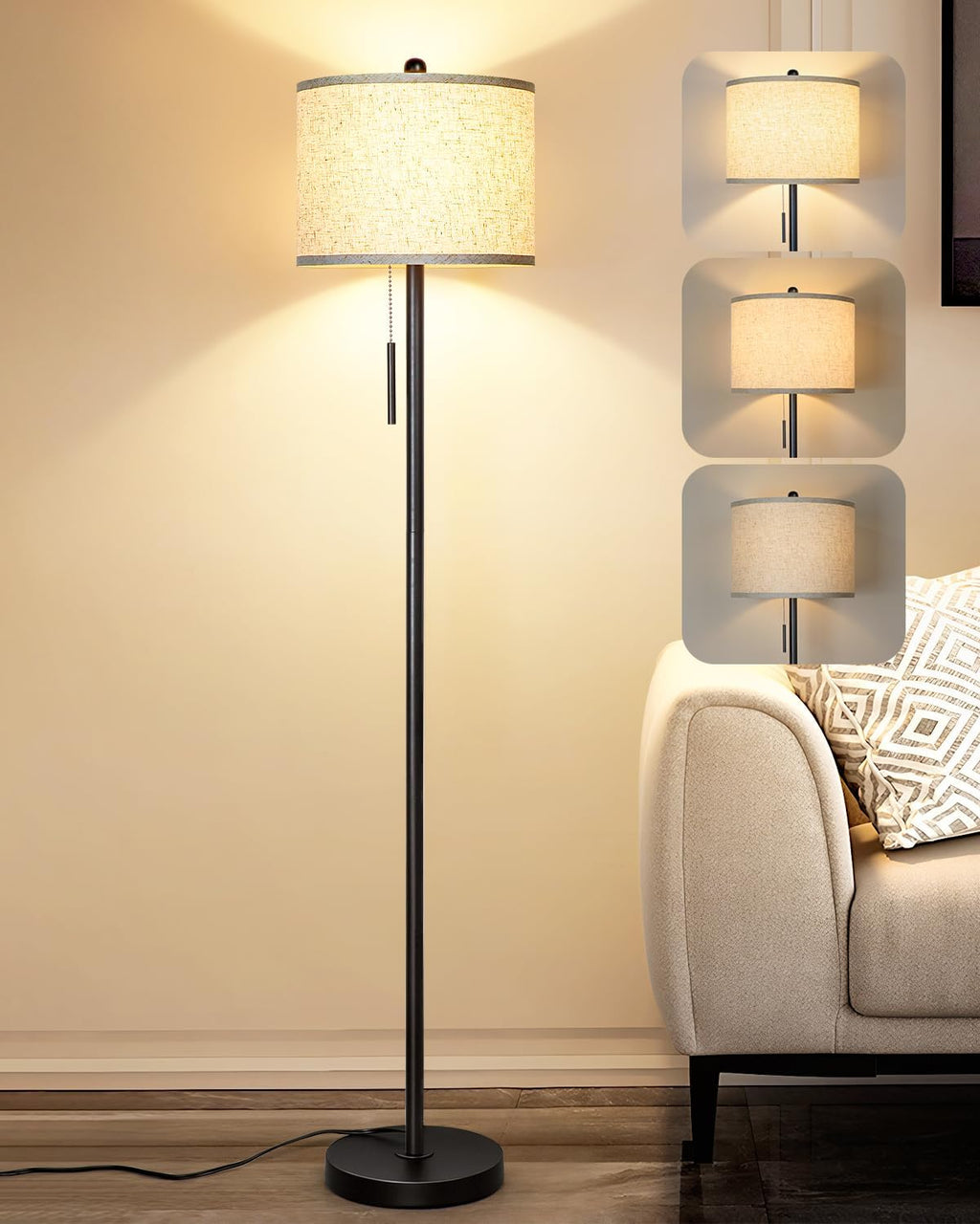 Qingmiao Floor Lamp for Living Room, 63in Black Standing Lamp, 3-Way Dimmable Floor Lamp for Bedroom, Tall Lamp with White Linen Shade…