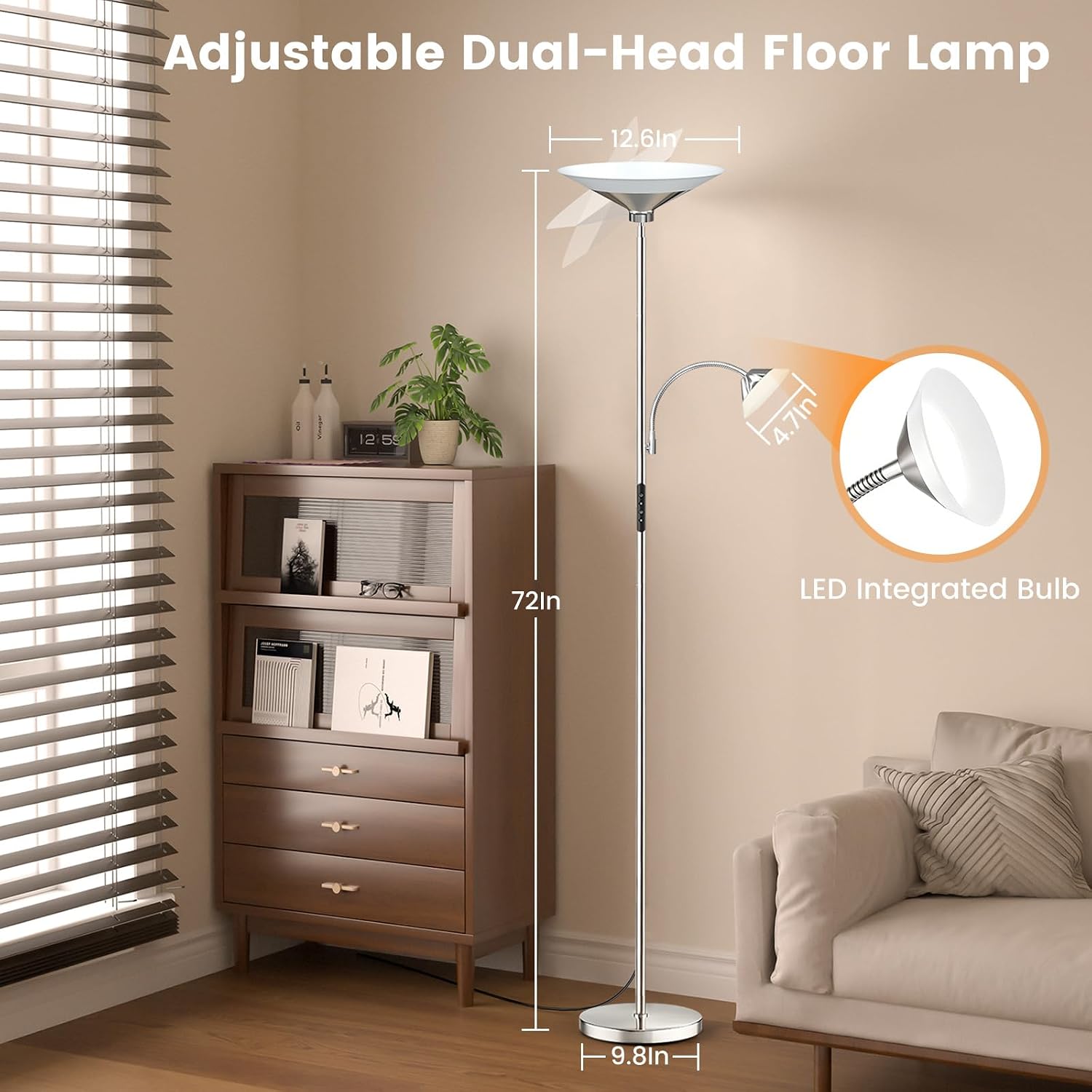 SIBRILLE Metallic Sliver Torchiere Floor Lamp, 2 Way 72'' Dimmable LED Standing lamp with Rmote, Multi Color Temps, 34W Tall Light with…