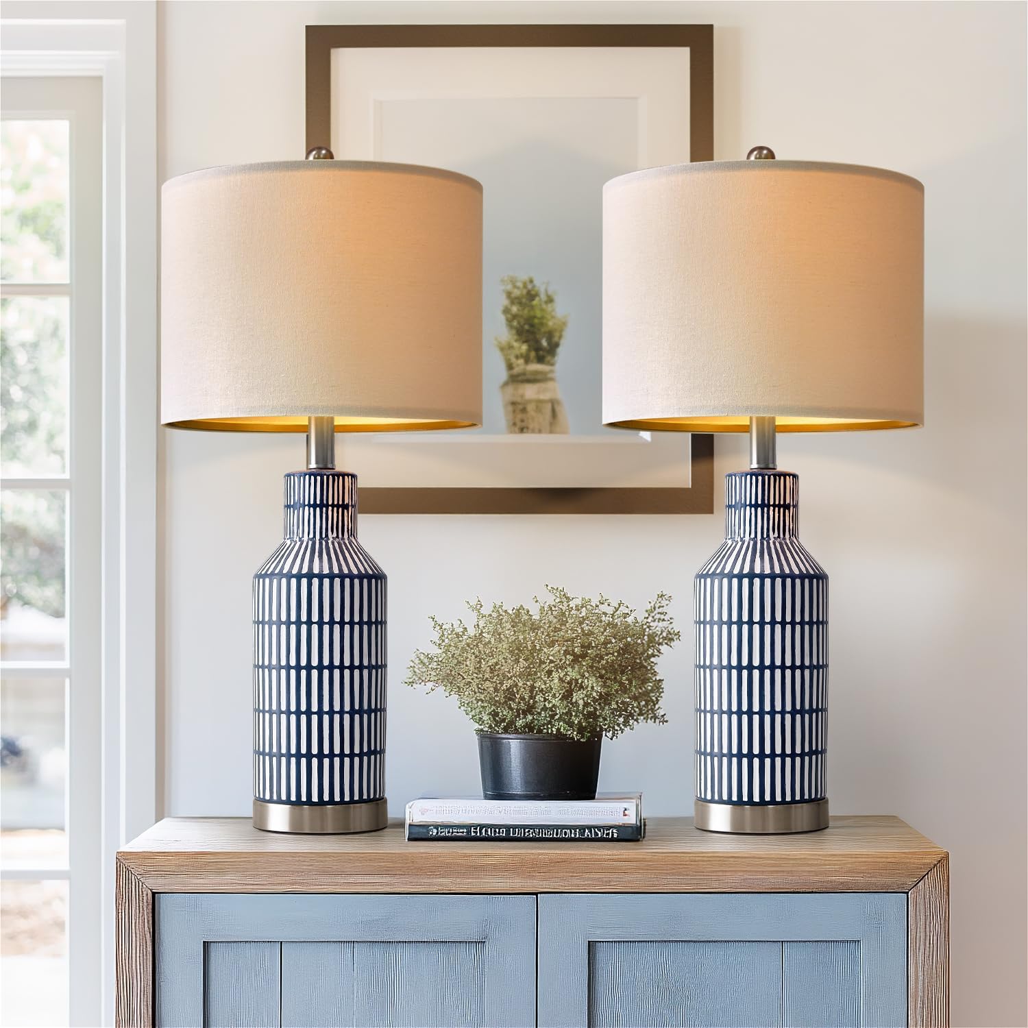 USumkky 25" Modern Ceramic Lamps Single Table Lamp for Living Room Bedroom Farmhouse Nightstand Bedside Lamps