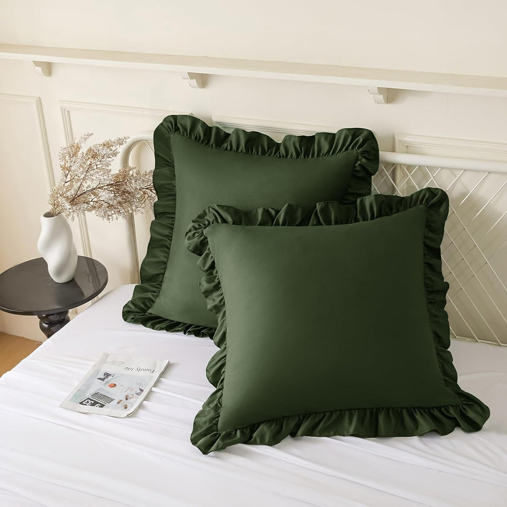 KKJIAF Ruffle Pillow Cases 22x22 Inches, Olive Green Square Ruffled Pillow Covers Set of 2, Microfiber Wrinkle Resistant Pillow Shams…