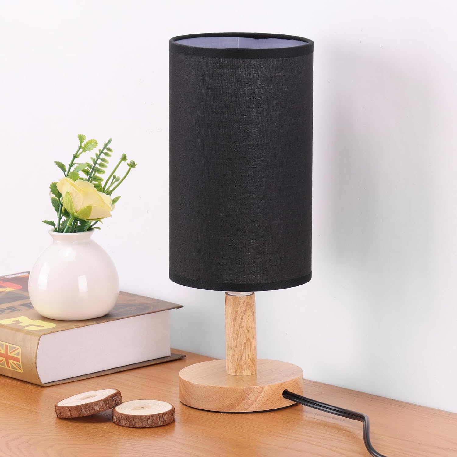 Black Small Bedside Table Lamp for Bedroom, Natural Round Wood Base&Fabric Linen Shade, Cozy Night Table Light for Study Reading, Minimalist…