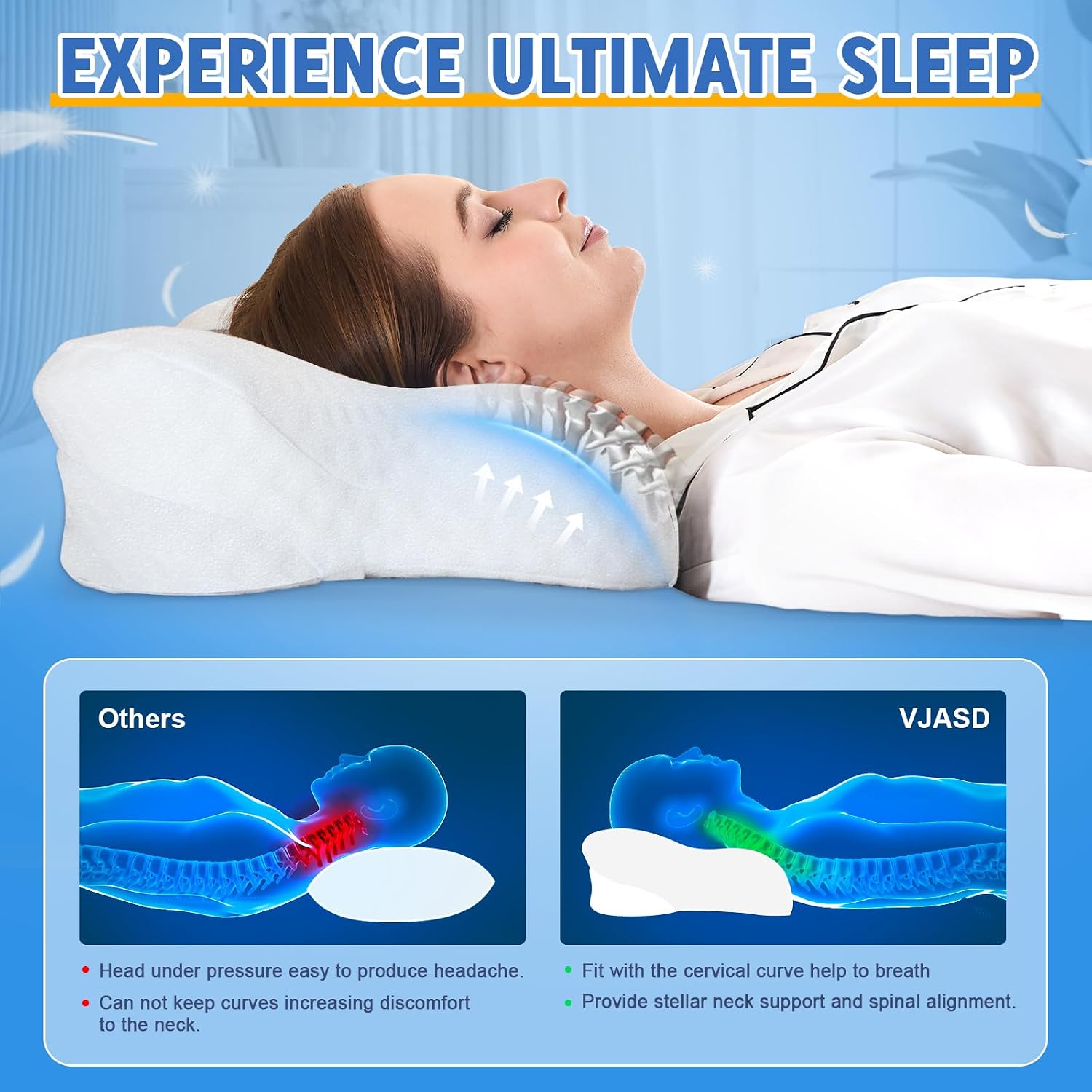 Vjasd Cervical Neck Pillows with Memory Foam - Neck Pillows for Contour Memory Foam Pillows Ergonomic Neck Support - Adjustable Orthopedic…