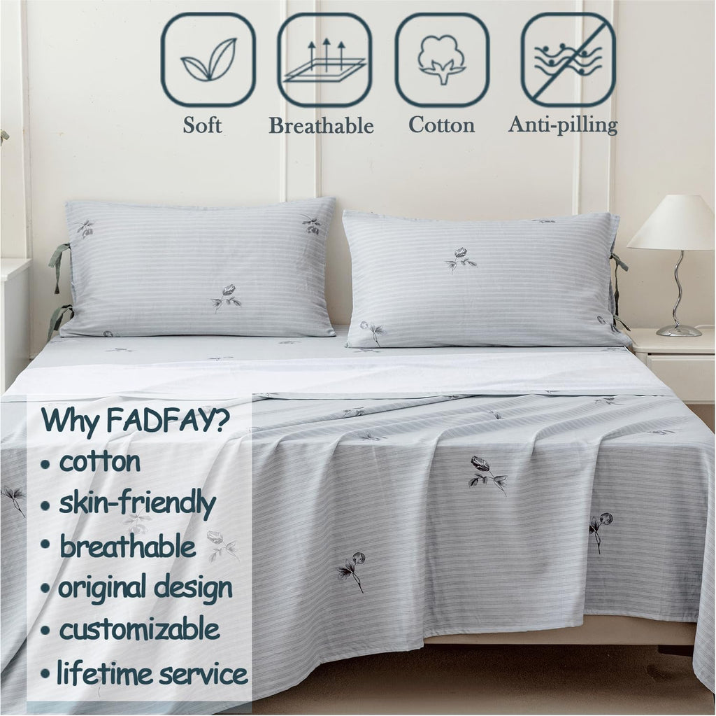 FADFAY 100% Cotton Double Gauze Muslin Sheet Set, Gray Striped Floral Bed Sheets with Bow Tie Detail, Ultra Soft Breathable Cooling…