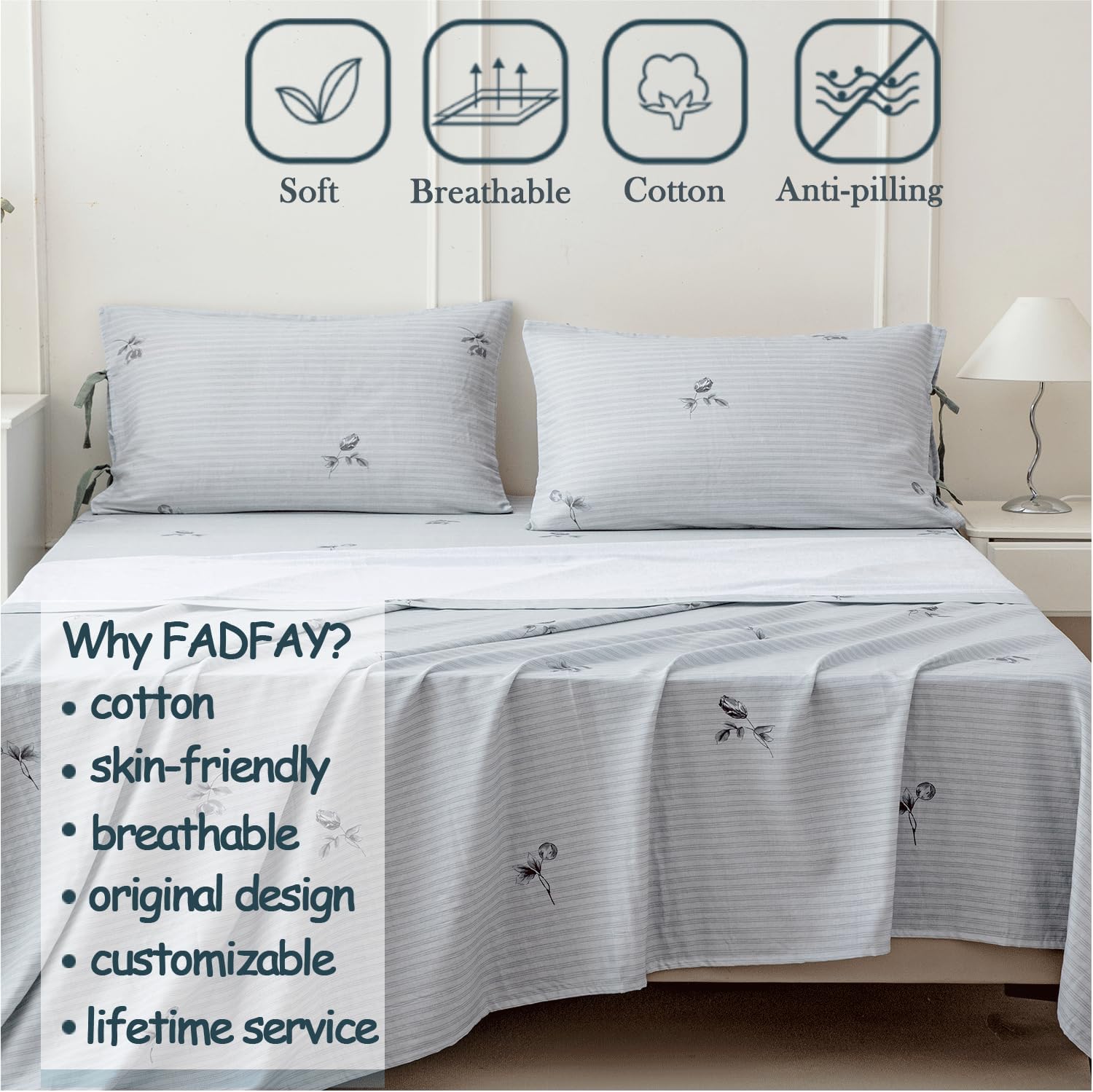 FADFAY 100% Cotton Double Gauze Muslin Sheet Set, Gray Striped Floral Bed Sheets with Bow Tie Detail, Ultra Soft Breathable Cooling…