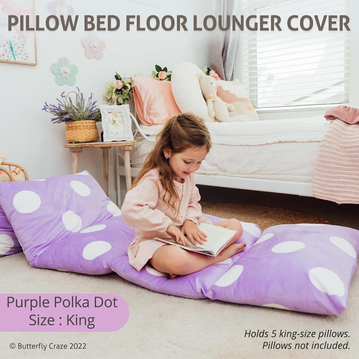 Butterfly Craze Floor Pillow Case, Mattress Bed Lounger Cover, Purple, King Size - Cozy Seating Solution for Kids Ages 3-14, Recliner…