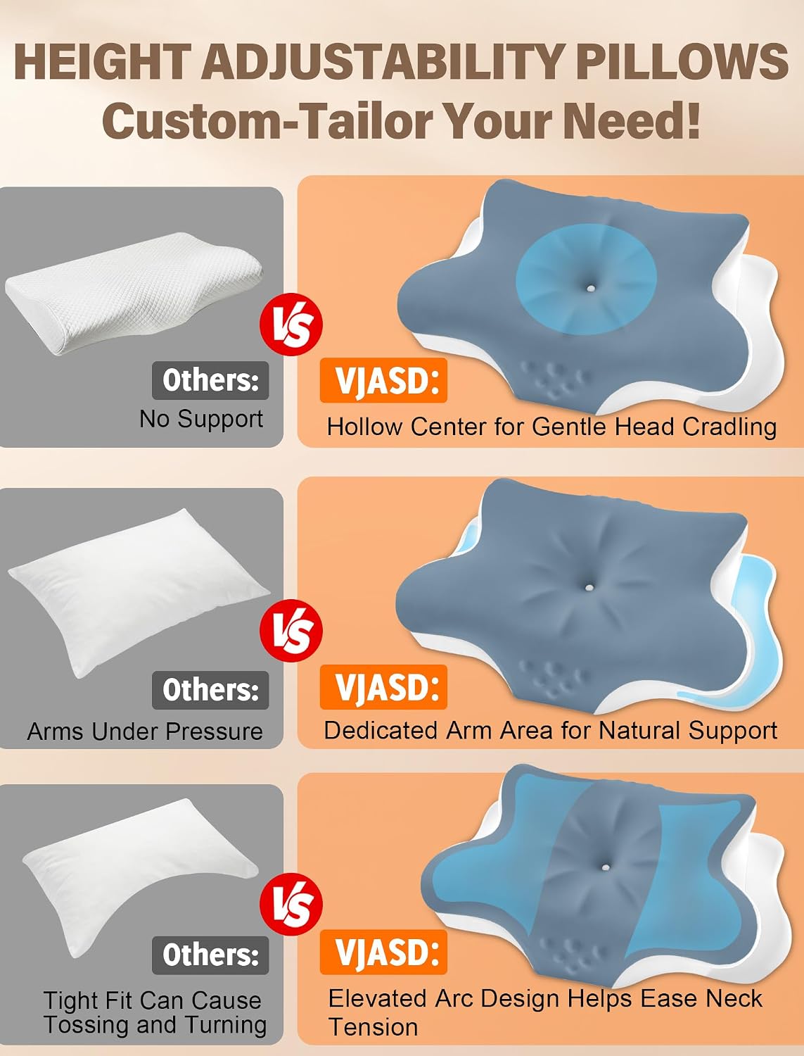 Vjasd Cervical Neck Pillow for – Ergonomic Memory Foam Pillow for Side Sleeper Contour Orthopedic Bed Pillow for Neck Support with Cooling…