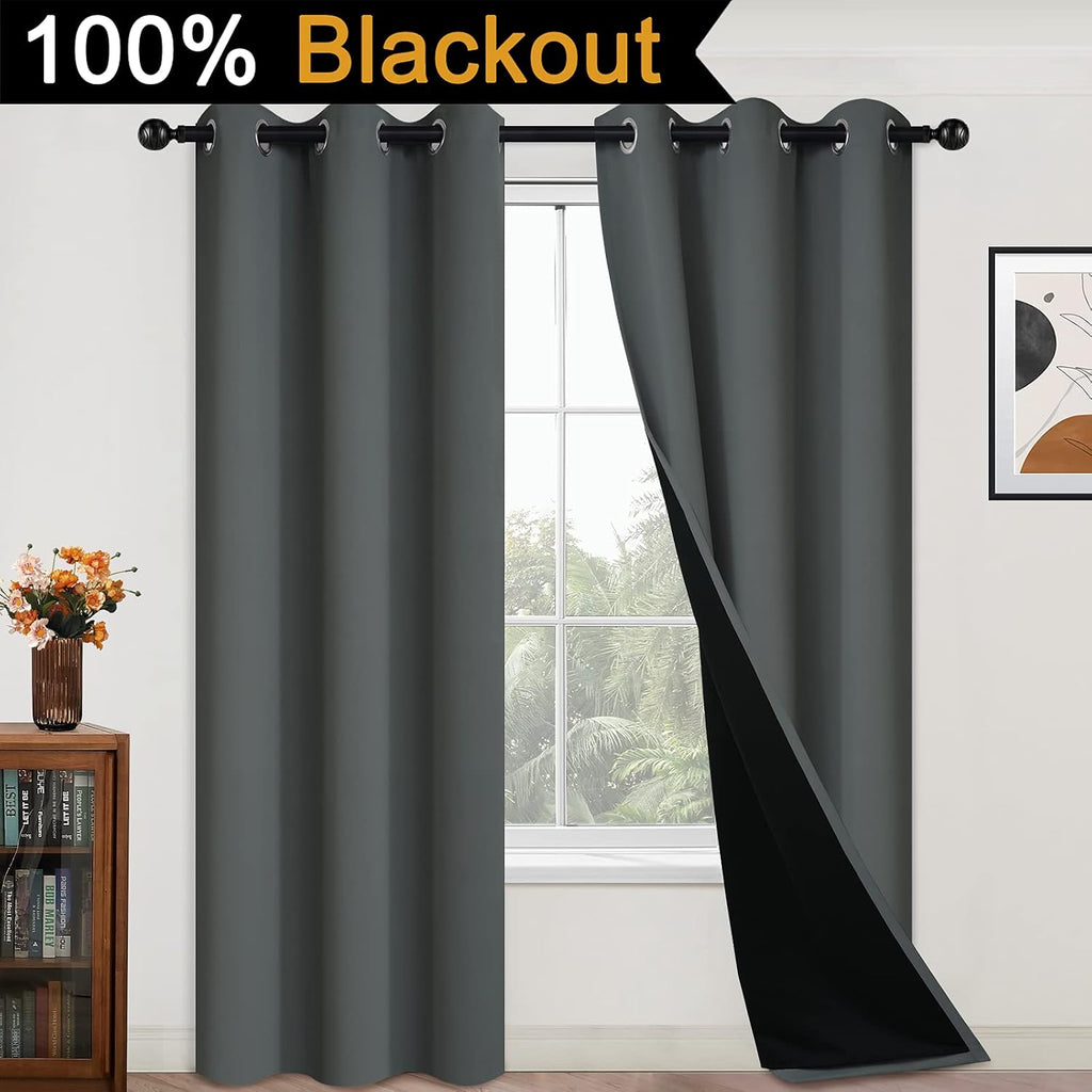 Yakamok 84 Inch Length 100% Blackout Curtains for Bedroom, 2 Thick Layers Thermal Insulated Grommet Total Blackout Drapes with Black Liner…