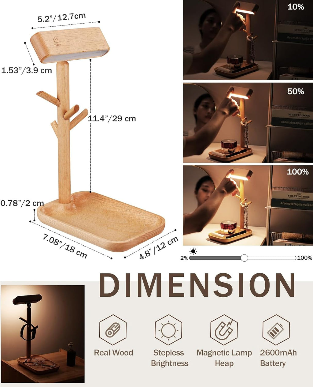 Wooden Table Lamp, Tree Trunk Rechargeable LED Desk Lamp with Organizer and Magnetic 360° Rotating Night Light for Bedside, Dorm Room or…