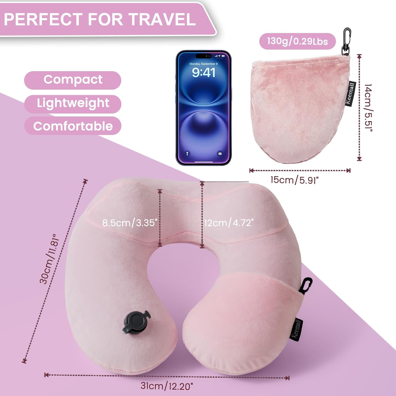 Keemall Inflatable Travel Pillow, Premium Soft Pink Velvet Neck Pillow, Washable Lightweight Portable Travel Essentials for Flight Road…