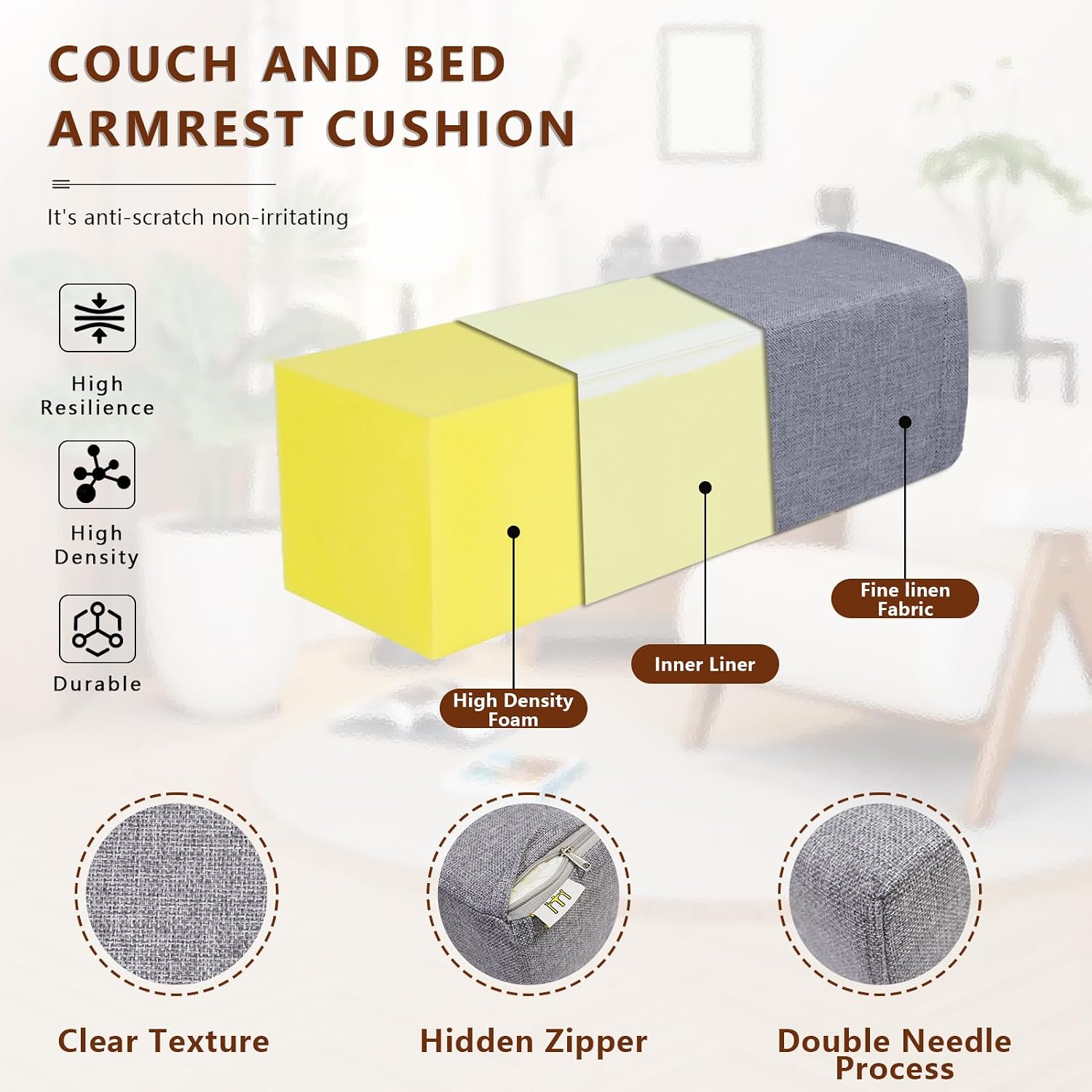 MMuteTouch 2 Pack Couch Arm Rest Pillow, 6''x6''x20'' Linen Cover, High Density Foam Armrest Cushion, Removable & Washable Elbow Support fo…
