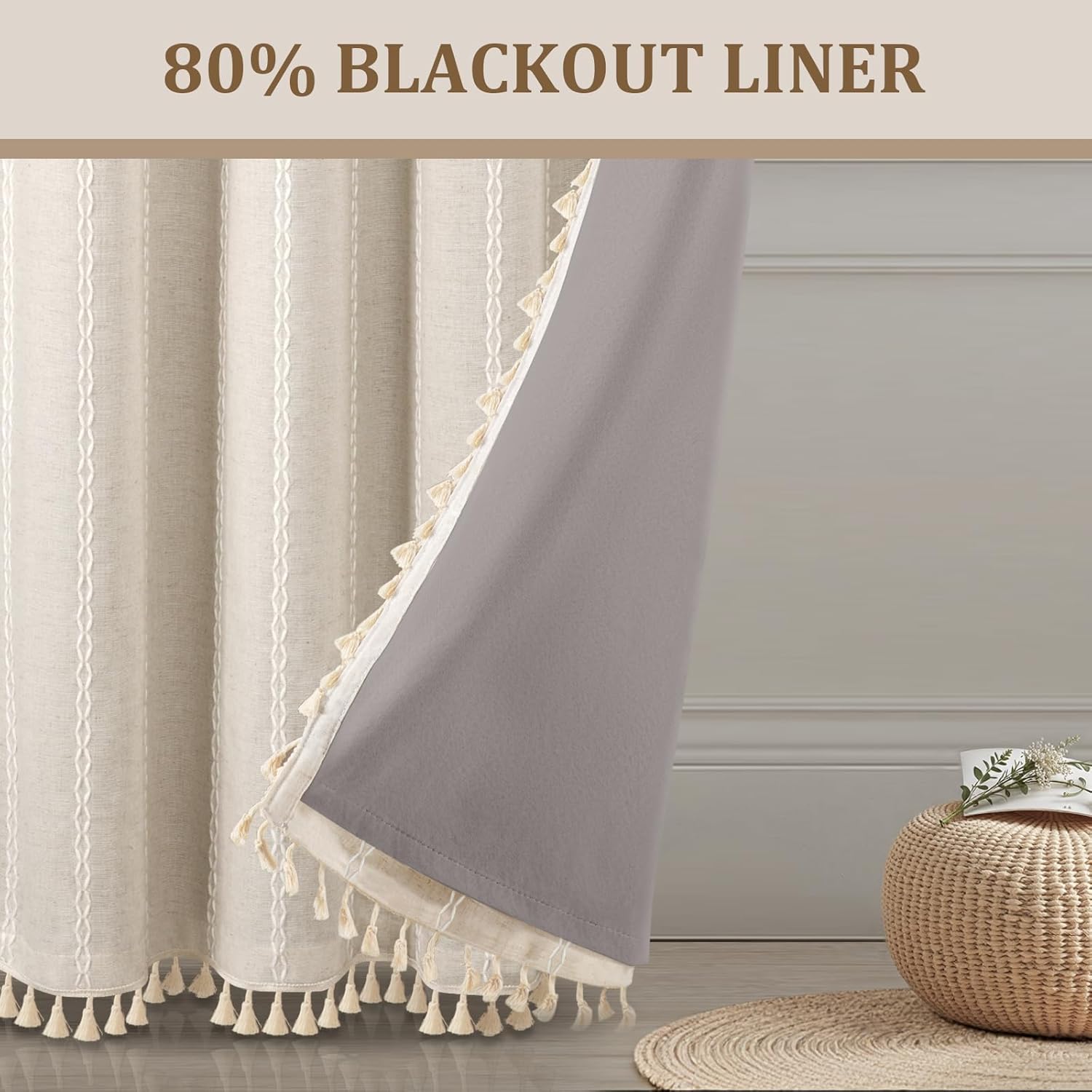 XOGUIBO Boho 80% Blackout Curtains with Gray Liner 90 Inches Long 2 Panels Set, Beige Linen Blend Drapes with Tassels and Cotton Emb…