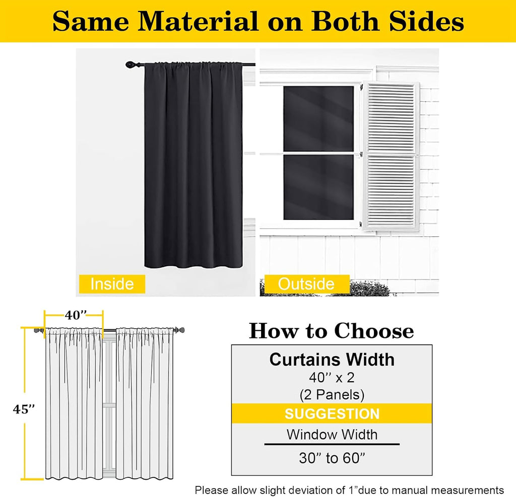 WelvetBLK Black Room Darkening Curtains for Bedroom Living Room 45 Inch Length 2 Panels Set, Soft Solid Thermal Insulated Rod Pocket Short…
