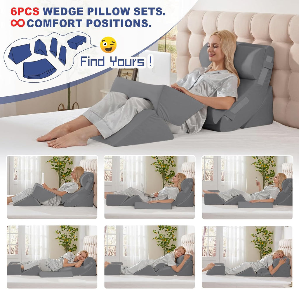WSOFRLAC 6PCS Multi-Functional Bed Wedge Pillow Kit - 7-in-1 Orthopedic Support for Back/Neck/Legs, Post Surgery Recovery & Sitting Up in…