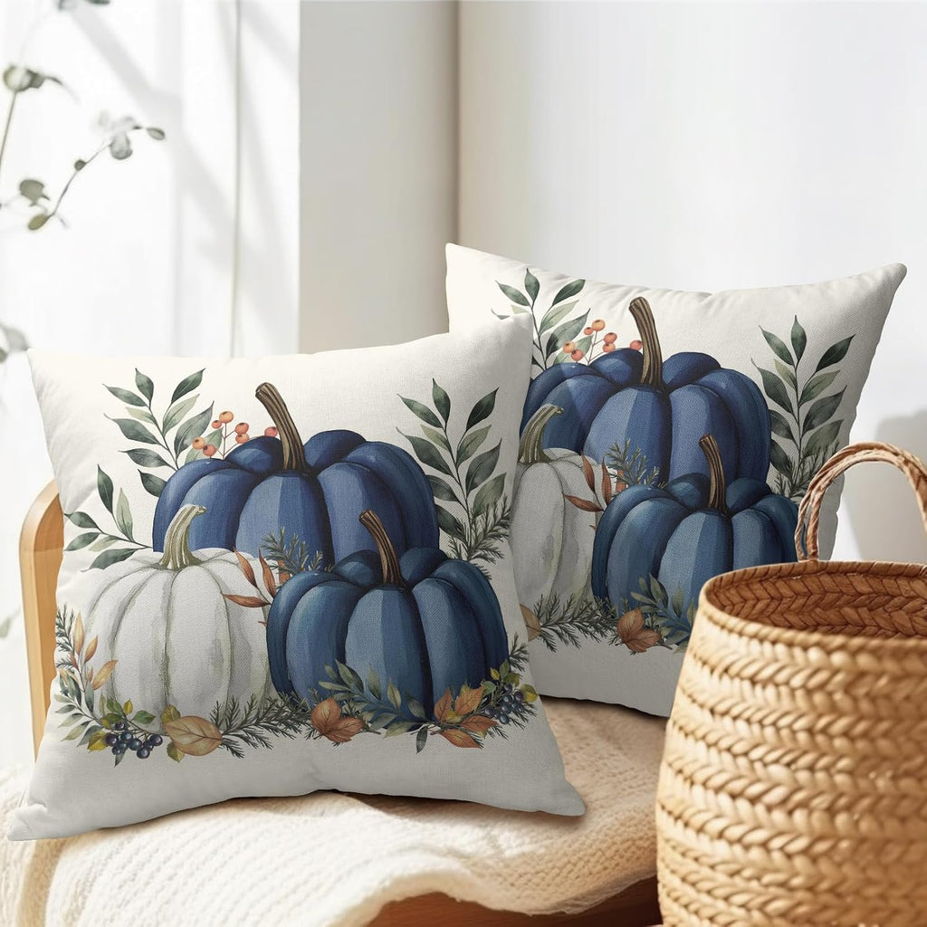 Pumpkins Throw Pillow Covers 20x20 inch 2 Packs Fall Blue and White Pumpkin Pillowcase Autumn Thanksgiving Vintage Outdoor Decorations…