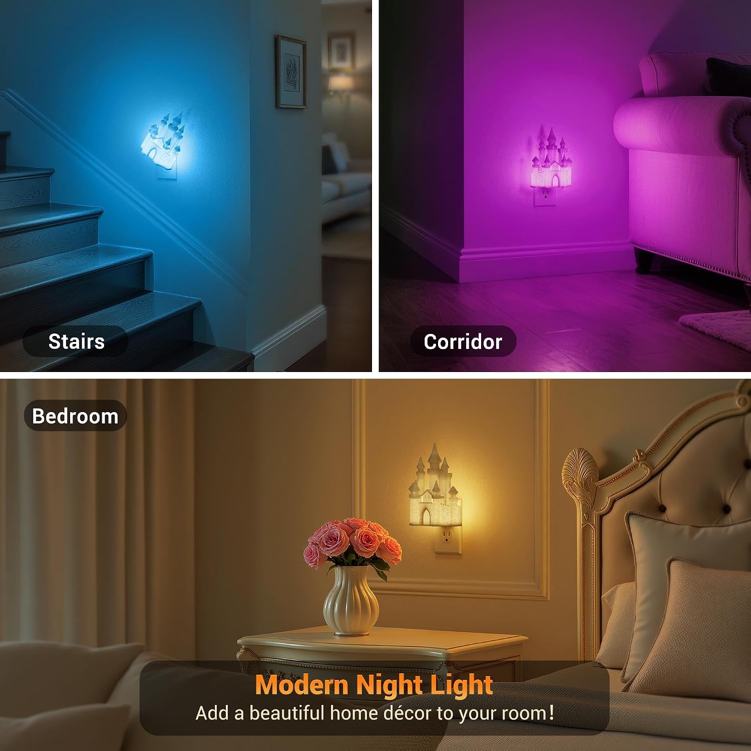 JandCase Night Lights Plug into Wall,3D Printed Castle RGB Night Light,2 Pack 10-Color Change Night Light, Dimmable Nightlights with Dusk…