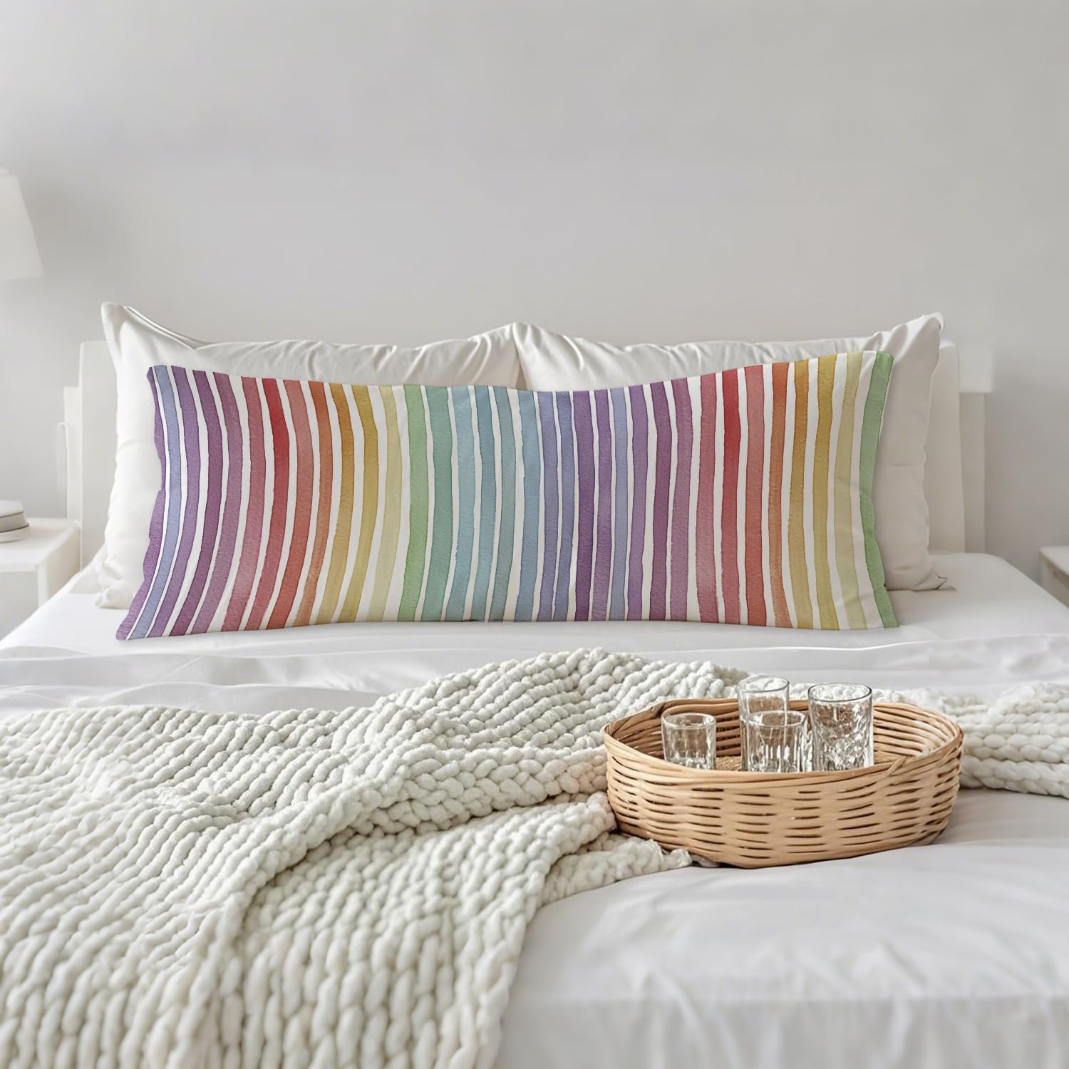 Boho Colorful Striped 20x54 Body Pillow Cover, Minimalist Boho Watercolor Rainbow Striped Decorative Long Body Pillow Cases for Kids Room…