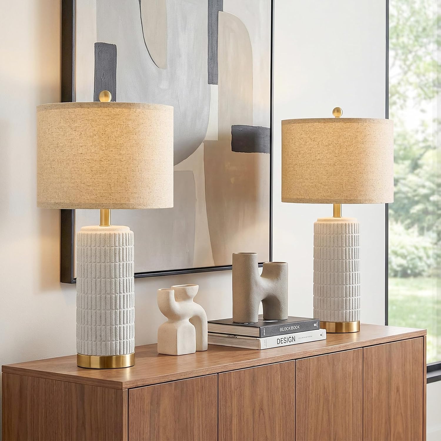 PoKat Farmhouse Table Lamps for Living Room Set of 2 with Gold Base, 25'' Stone-Like Bedside Lamps for Bedroom Night Stands, Ructic…