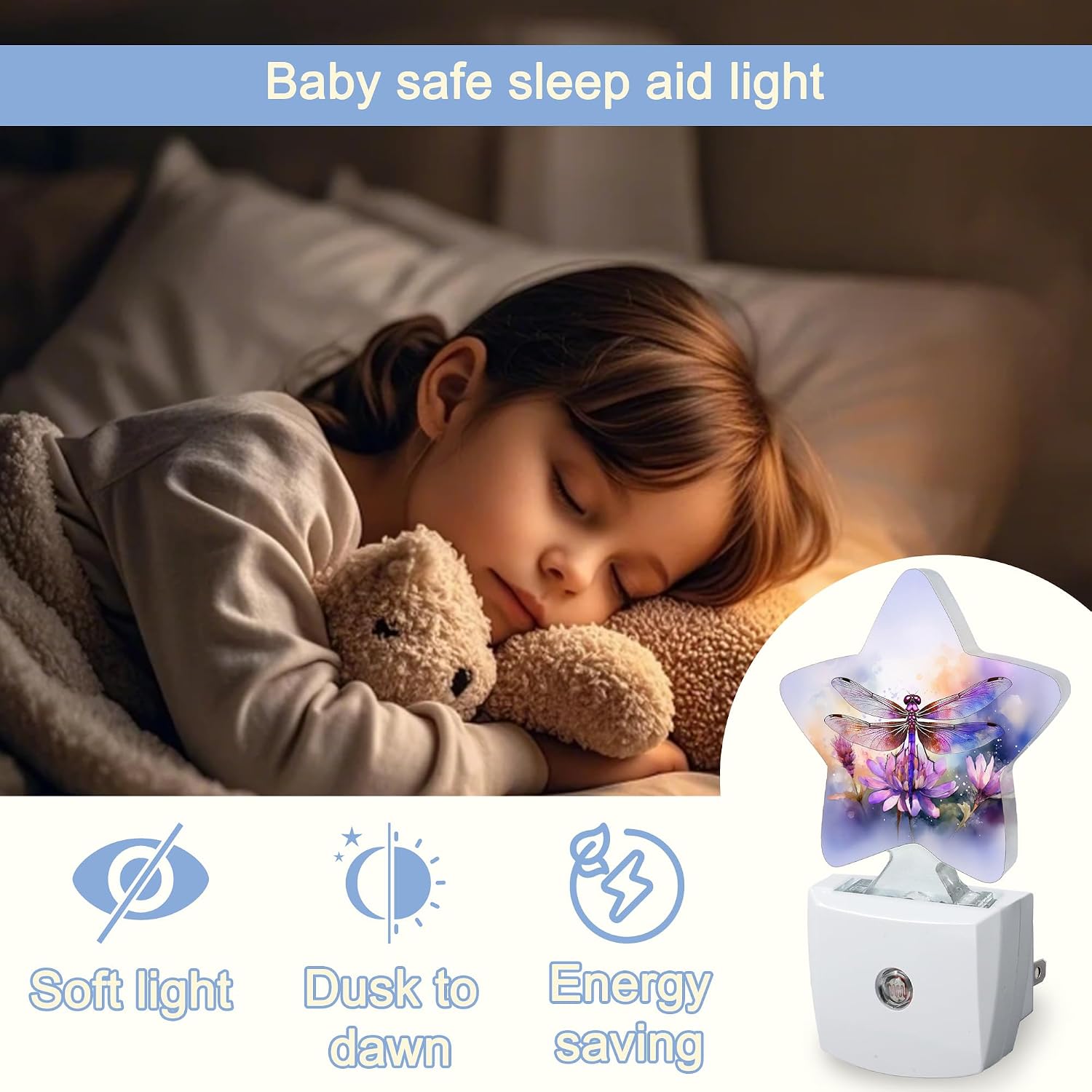 Snowmolle Dragonfly Flower Night Light, Watercolor Plug-in Star Night Lights with Dusk-to-Dawn Sensor for Bedroom, Bathroom, Living Room Sleep…
