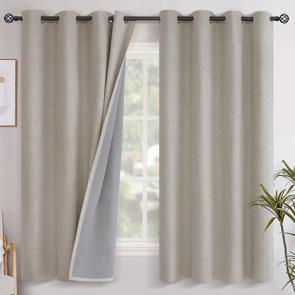 YoungsTex Camel Linen Blackout Curtains 68 Inch Length for Bedroom, Room Darkening Burlap Drapes with Grommet Black Out Thermal Insulated B…