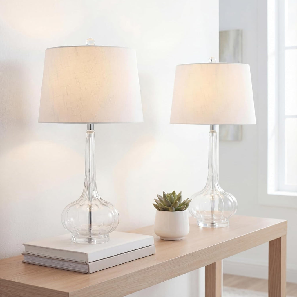 JONATHAN Y 28.5" Clear Glass Teardrop LED Table Lamp Set of 2 for Living Room Bedroom Nightstand, White Linen Shade Modern Transitional…