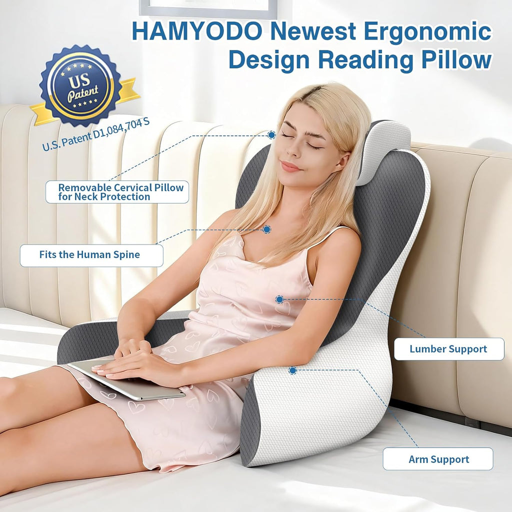 Hamyodo Reading Pillow for Sitting in Bed, 22”H Back Pillow for Sitting Up, Lumbar Rest & Neck Support Bed Pillows, Backrest Bed Chair with A…