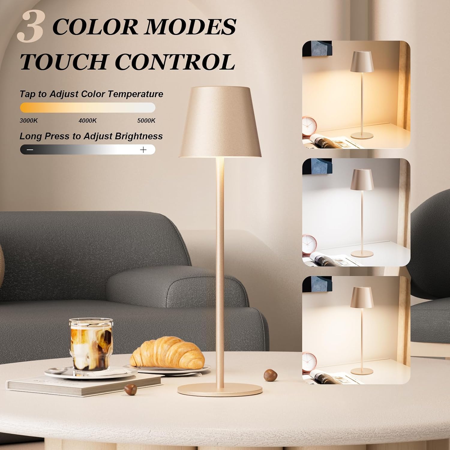 Kakanuo Champagne Gold Cordless Table Lamp Rechargeable - 2 Pack Battery Operated Lamp for Counter, 3 Color Stepless Dimming Wireless…