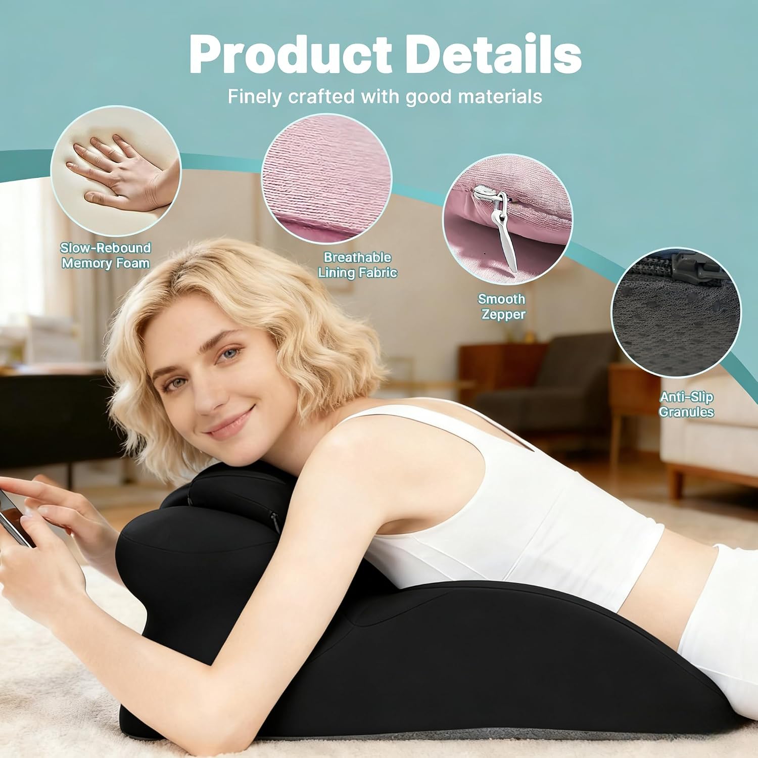 Ergonomic Memory Foam Wedge Pillow, Back and Neck Support Cushion for Reading in Bed, Sitting Up, Bed Rest and Watching TV (Black)