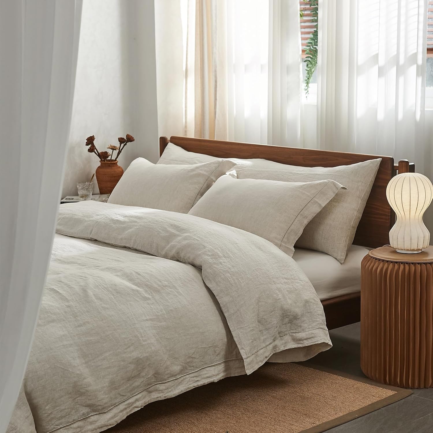 Simple&Opulence 100% Washed Linen Duvet Cover with Embroidered, 3 Pieces Soft Farmhouse Comforter Set with Button Closure, 1…