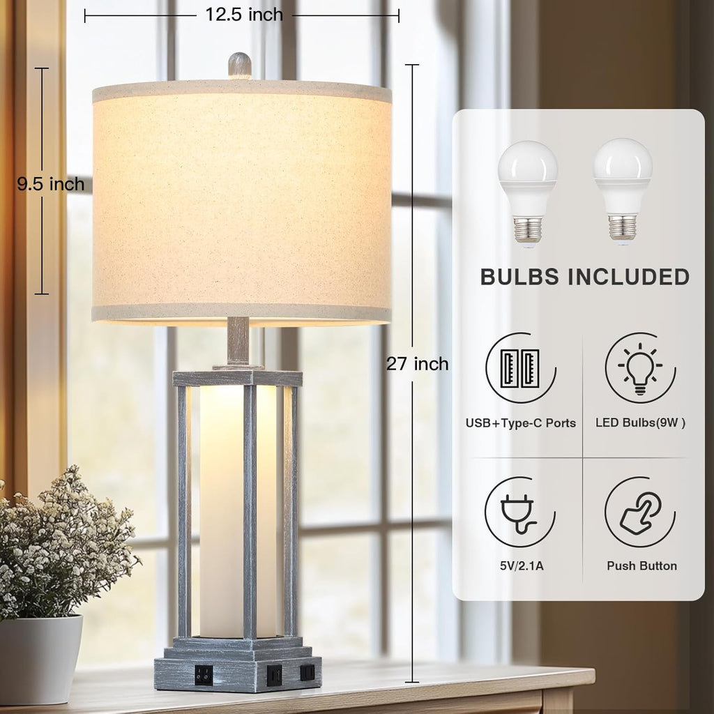 Cinkeda 27" Tall Vintage Table Lamp Set of 2 with USB C+A & Outlet, Gray Nightstand Lamp for Living Room, Retro Bedside Lamps with Frosted…