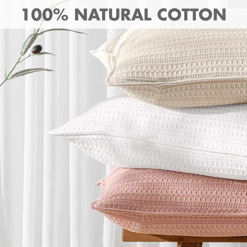 Set of 2 Decorative 100% Cotton Waffle Throw Pillow Covers 20x20, Neutral Euro Shams Weave European Cushion Cases for Couch Sofa Bed…
