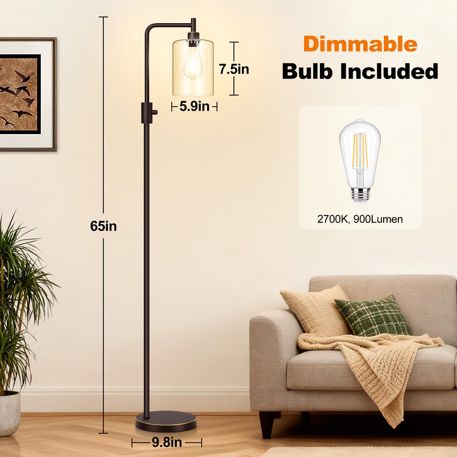 Upgraded】Dimmable Floor Lamp for Living Room with Glass Lampshade, Brown and Gold Modern Floor Lamp with 900LM LED Bulb Included, Bright…