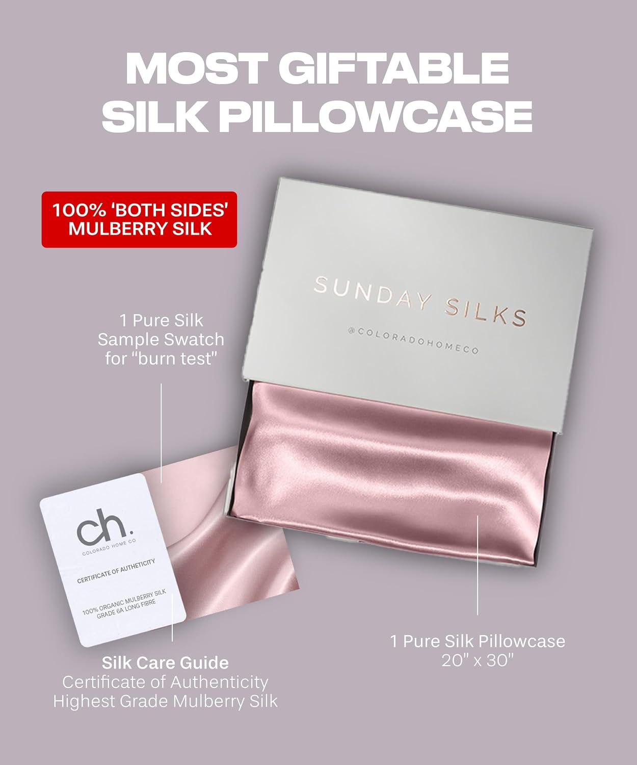 ColoradoHomeCo SUNDAYSILKSTM Silk Pillow Cases | 100% Mulberry Silk Pillowcase with Zipper, All Sides Real 22 Momme Grade 6A Silk, Standard…