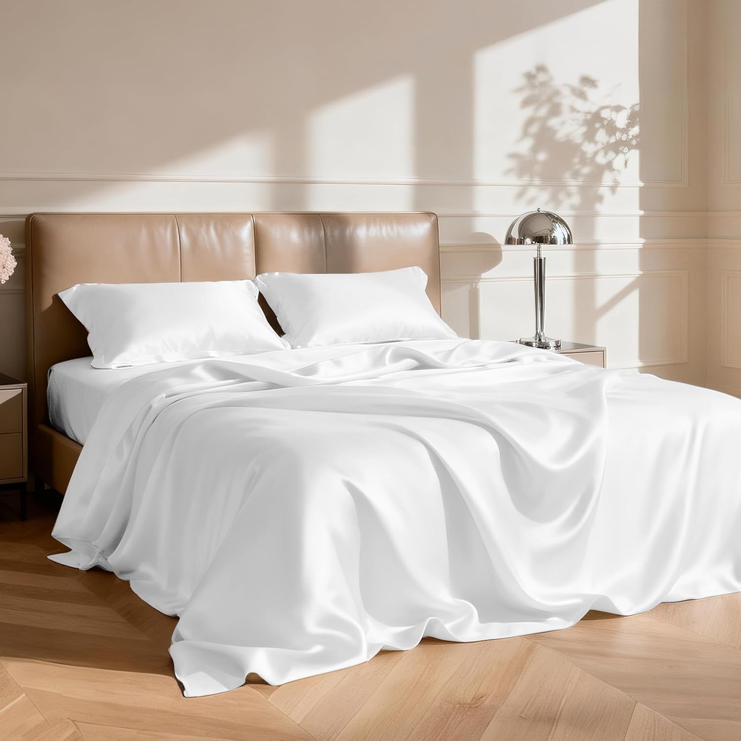 Lovescabin Love's cabin California King Satin Sheet Sets - 4 Piece White Silky Sheets Bed Set with Deep Pocket, Luxury Silk Feel Satin Cal…