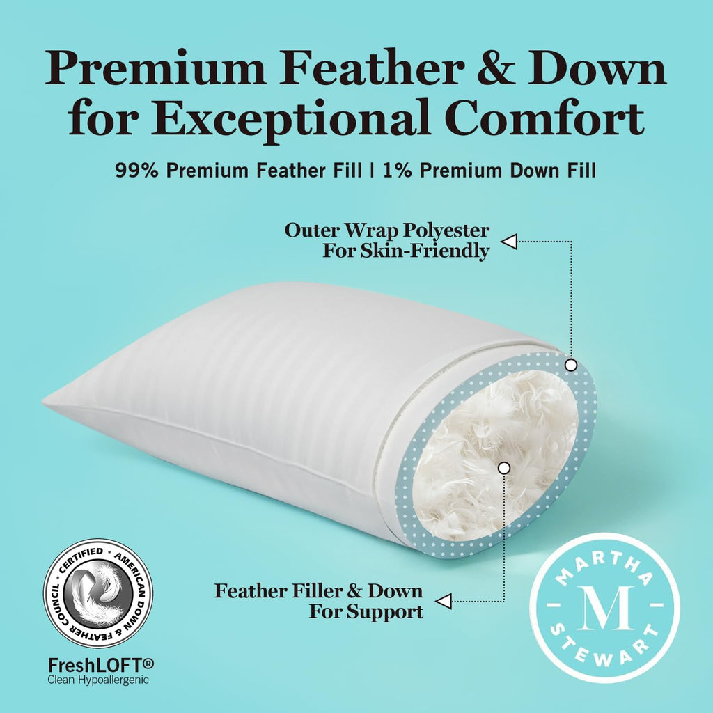 Martha Stewart Hotel Collection Pillow 500 Thread Count Damask Stripe Embroidered Feathers Soft Hypoallergenic 100% Cotton King Size Set…