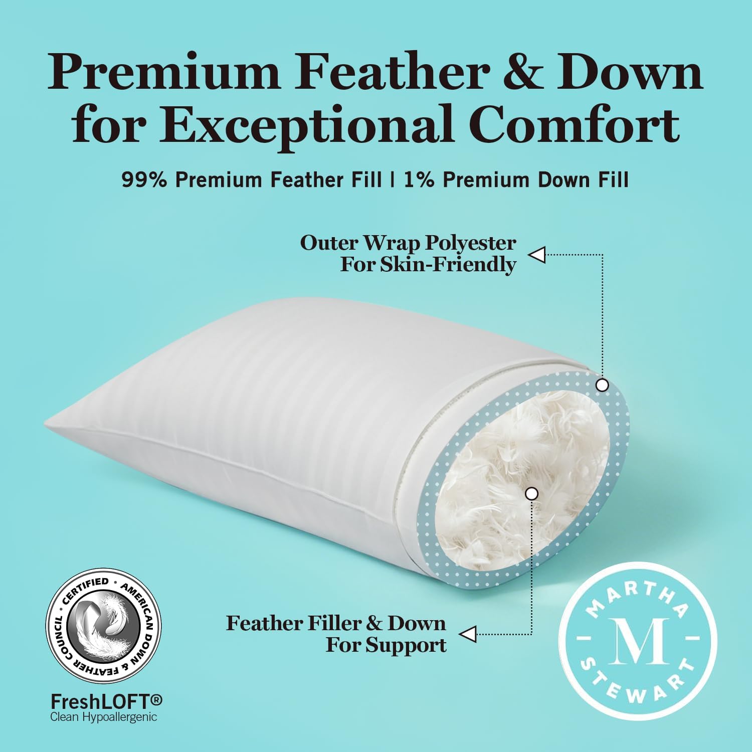Martha Stewart Hotel Collection Pillow 500 Thread Count Damask Stripe Embroidered Feathers Soft Hypoallergenic 100% Cotton King Size Set…