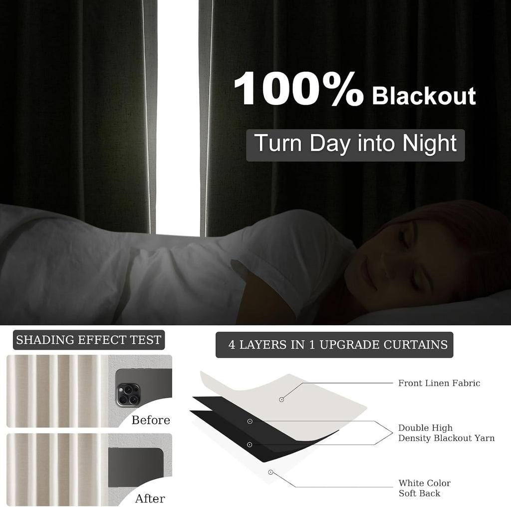 Topfinel 70 Inches Extra Wide Natural Linen Blackout Curtains 84 Inch Long for Living Room 100% Black Out Back Tab Pleated Drapes for Bedro…