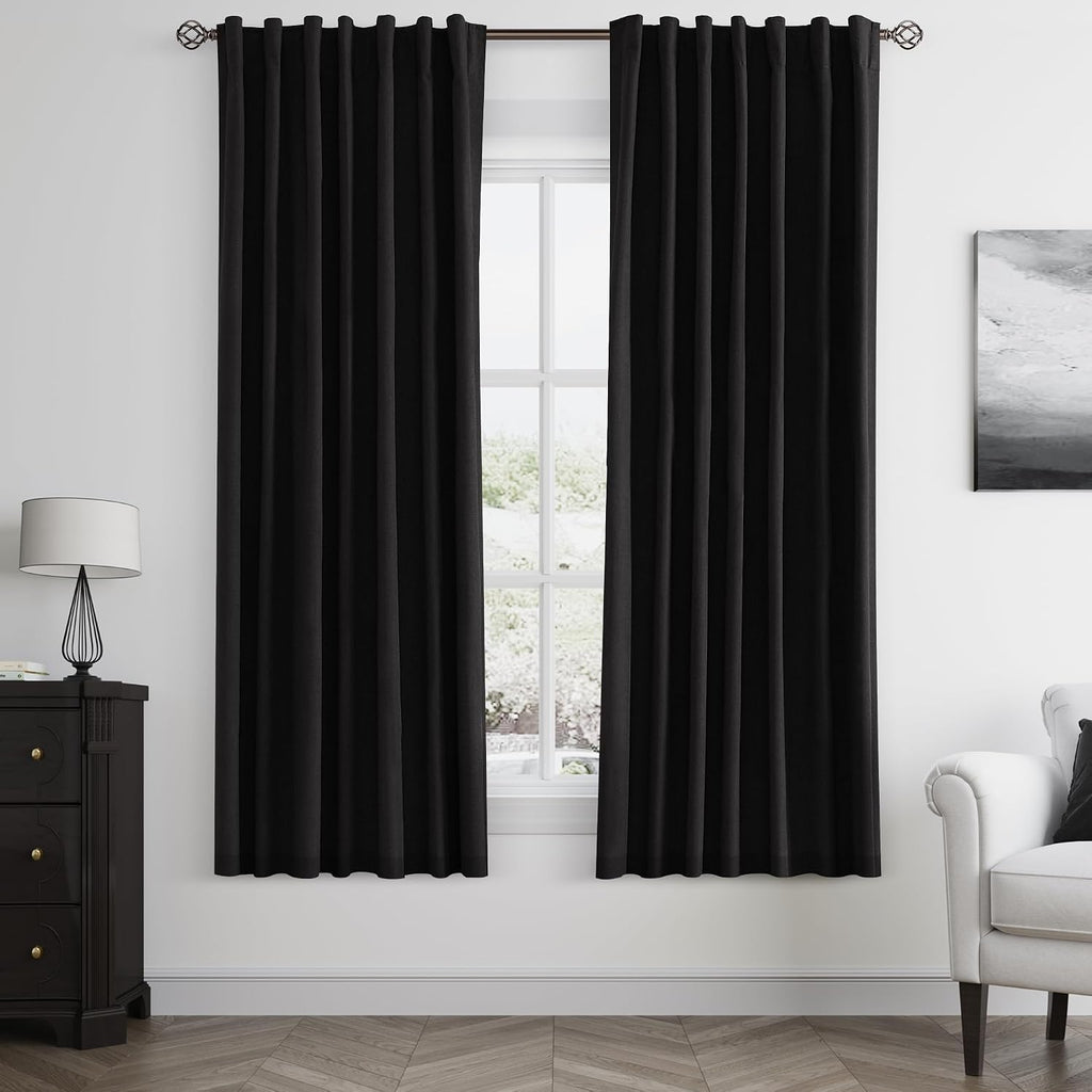 Guken Black 100% Blackout Linen Curtains 63 Inch Length 2 Panels Set for Living Room Bedroom Back Tab Thermal Insulated Black Out Drapes Ro…