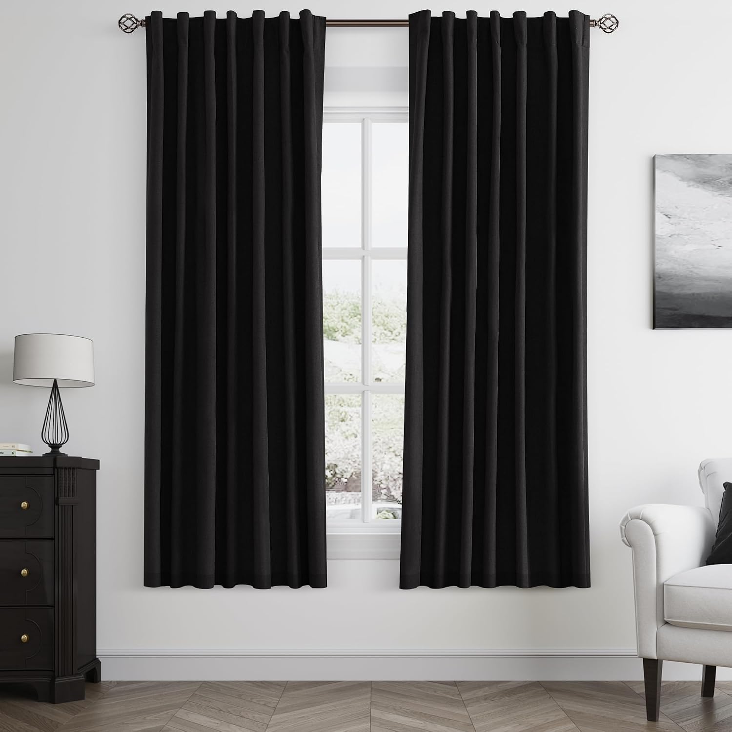 Guken Black 100% Blackout Linen Curtains 63 Inch Length 2 Panels Set for Living Room Bedroom Back Tab Thermal Insulated Black Out Drapes Ro…