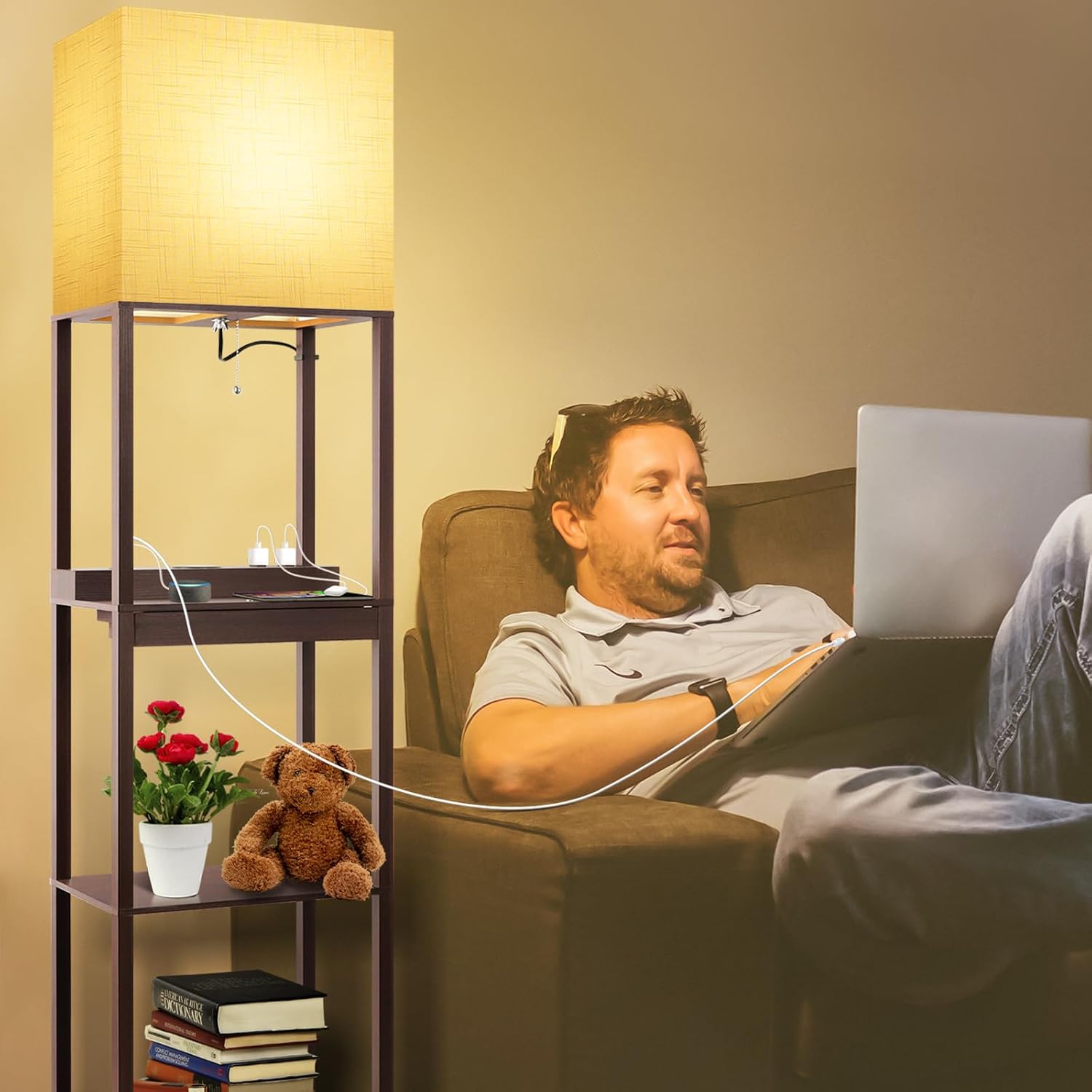 RUNTOP Floor Lamp with Shelves, Modern Standing Lamp with Wireless Charger, 1 Drawer and 2 USB Ports & 2 Power Outlet, 15W LED Bulb 3…