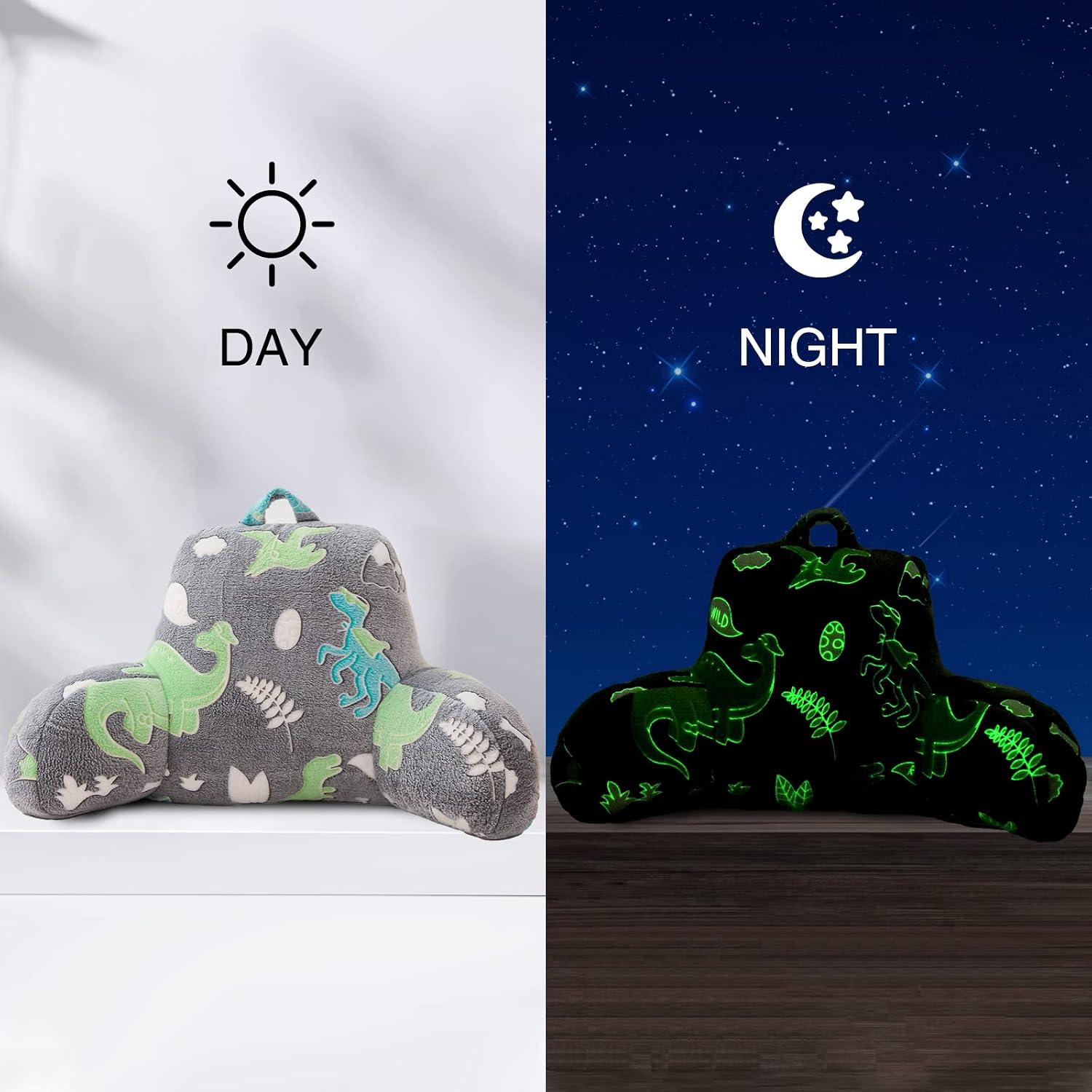 Aimuan Reading Pillow Glow in The Dark Bed Rest Wedge Kids Glow Backrest Pillow Dinosaur Print with Arms Back Support for Sitting Up in…