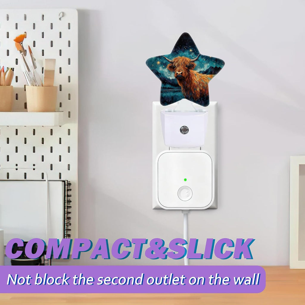Highland Cow Night Light for Kids, Blue Starry Night Night Lights Plug Into Wall, Lightweight Dusk to Dawn Light Sensor Warm Nightlights…