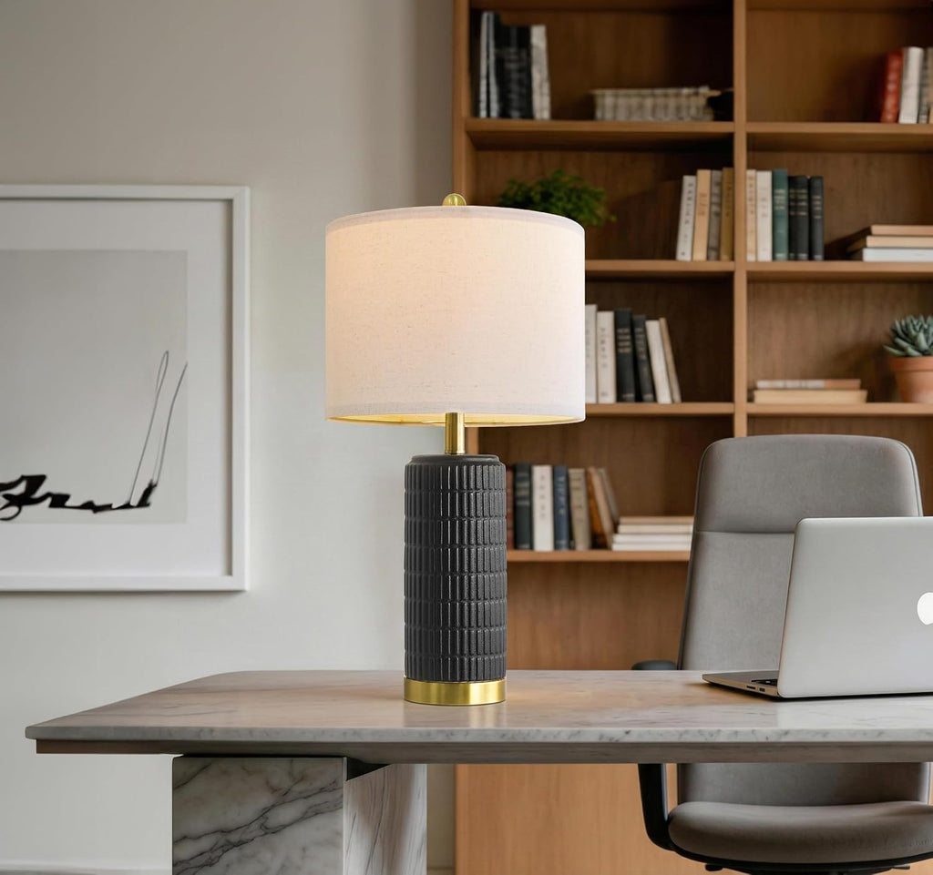 PoKat 25'' Black Ceramic Table Lamps Set of 2 with Gold Base for Bedroom Living Room, Farmhouse Matte-Textured Bedside Lamps for…