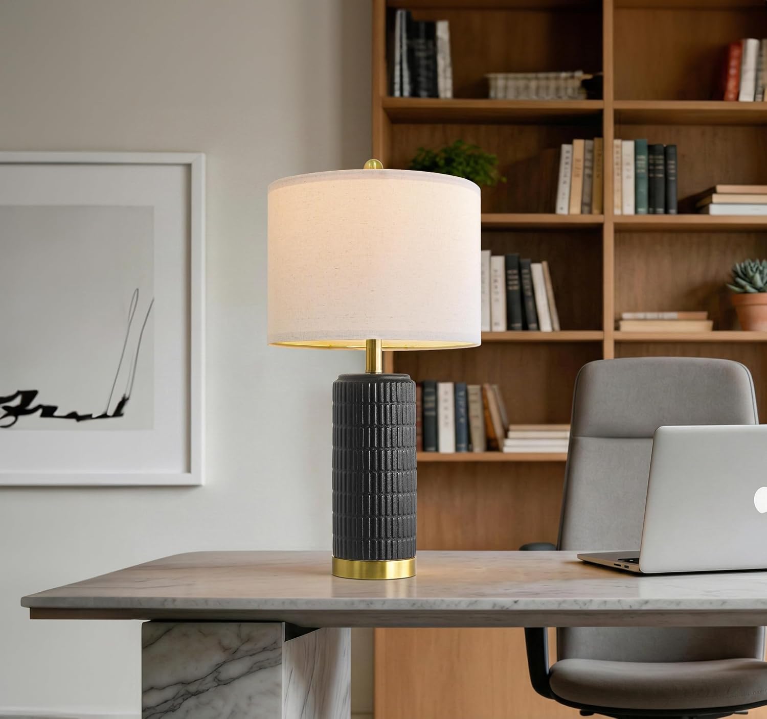PoKat 25'' Black Ceramic Table Lamps Set of 2 with Gold Base for Bedroom Living Room, Farmhouse Matte-Textured Bedside Lamps for…