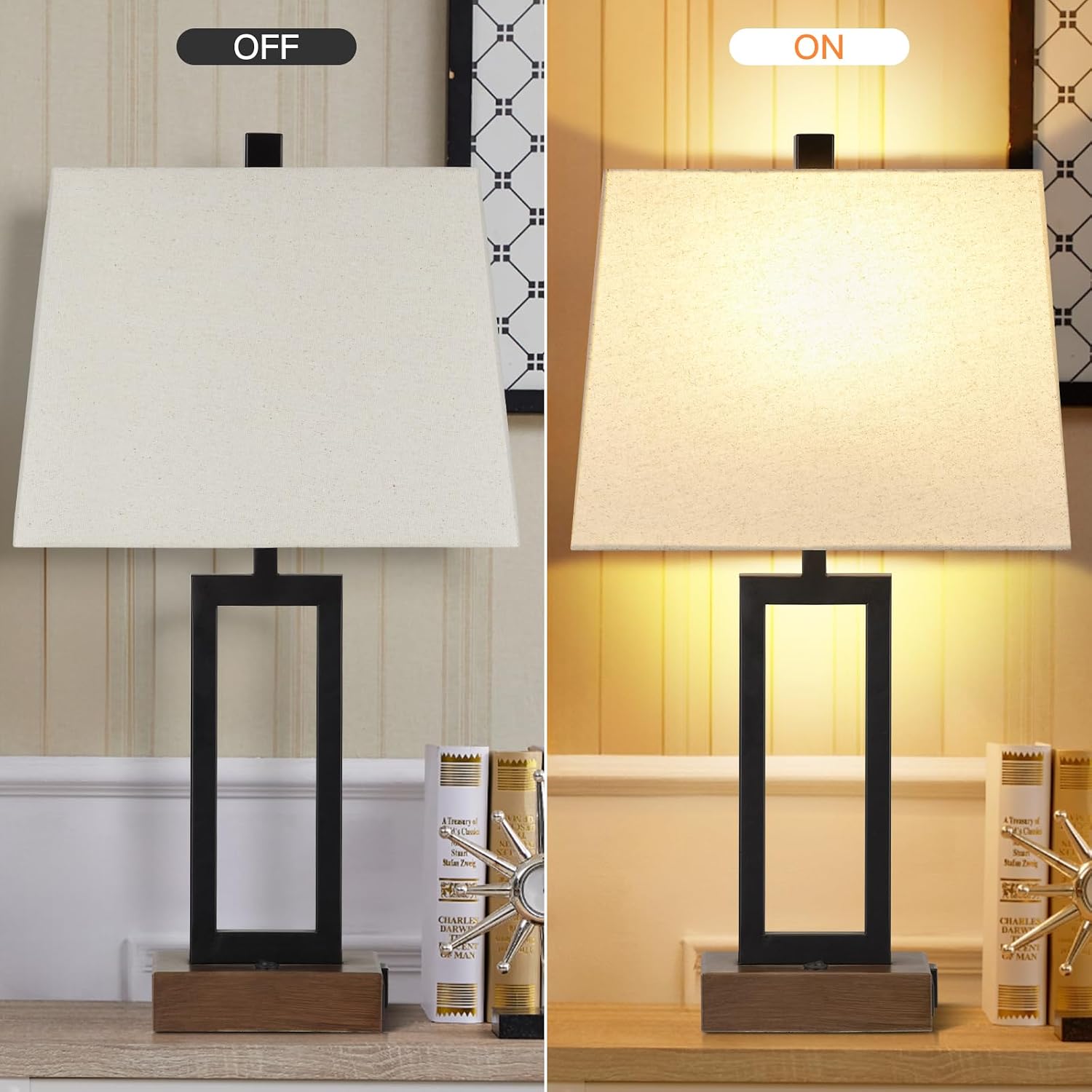 Lolikit Table Lamp for Bedroom Set of 2 with 2 USB Ports and AC Power Outlet, 23.5" Modern Bedside Lamp, Wood Nightstand Lamp with Linen…